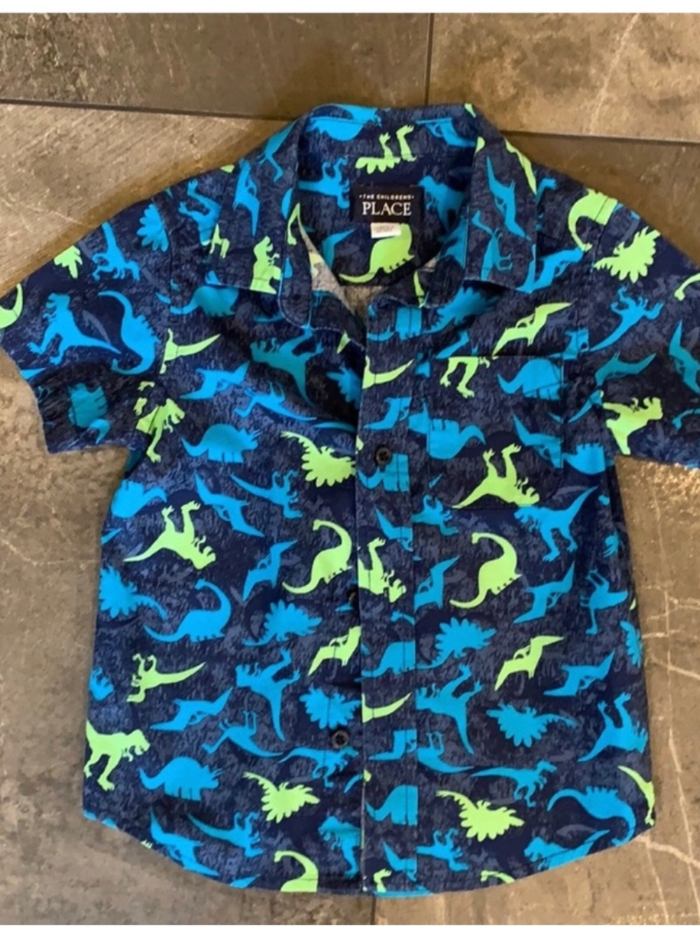 The Children's Place Navy Button-Down Shirt with Blue & Neon Green Dinosaurs 3T